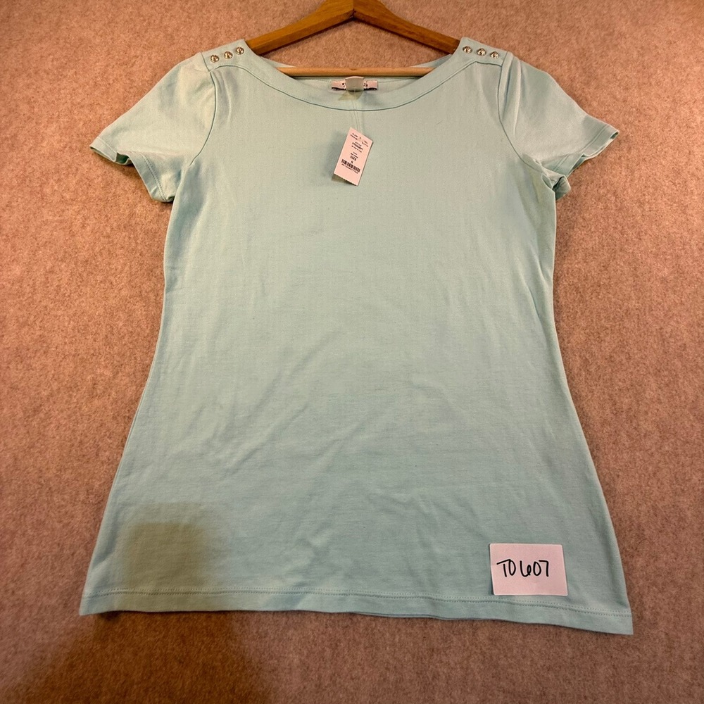 White House Black Market Sea Glass Blue Button Shoulder Tee Shirt Womens Small S